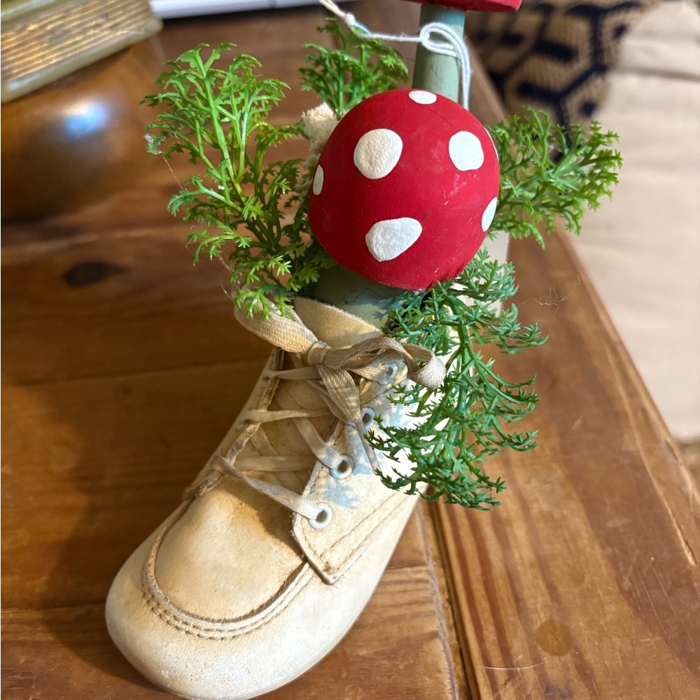 Whimsical Mushroom Decor in cream baby Shoe